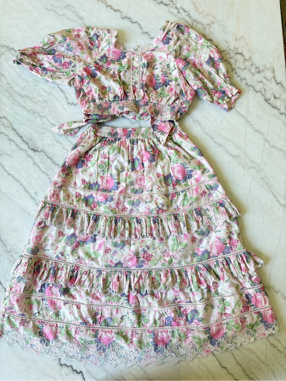 Love Shack Fancy Karsten Top and Naila Skirt Medium - Pink Floral - Picture 4 of 10